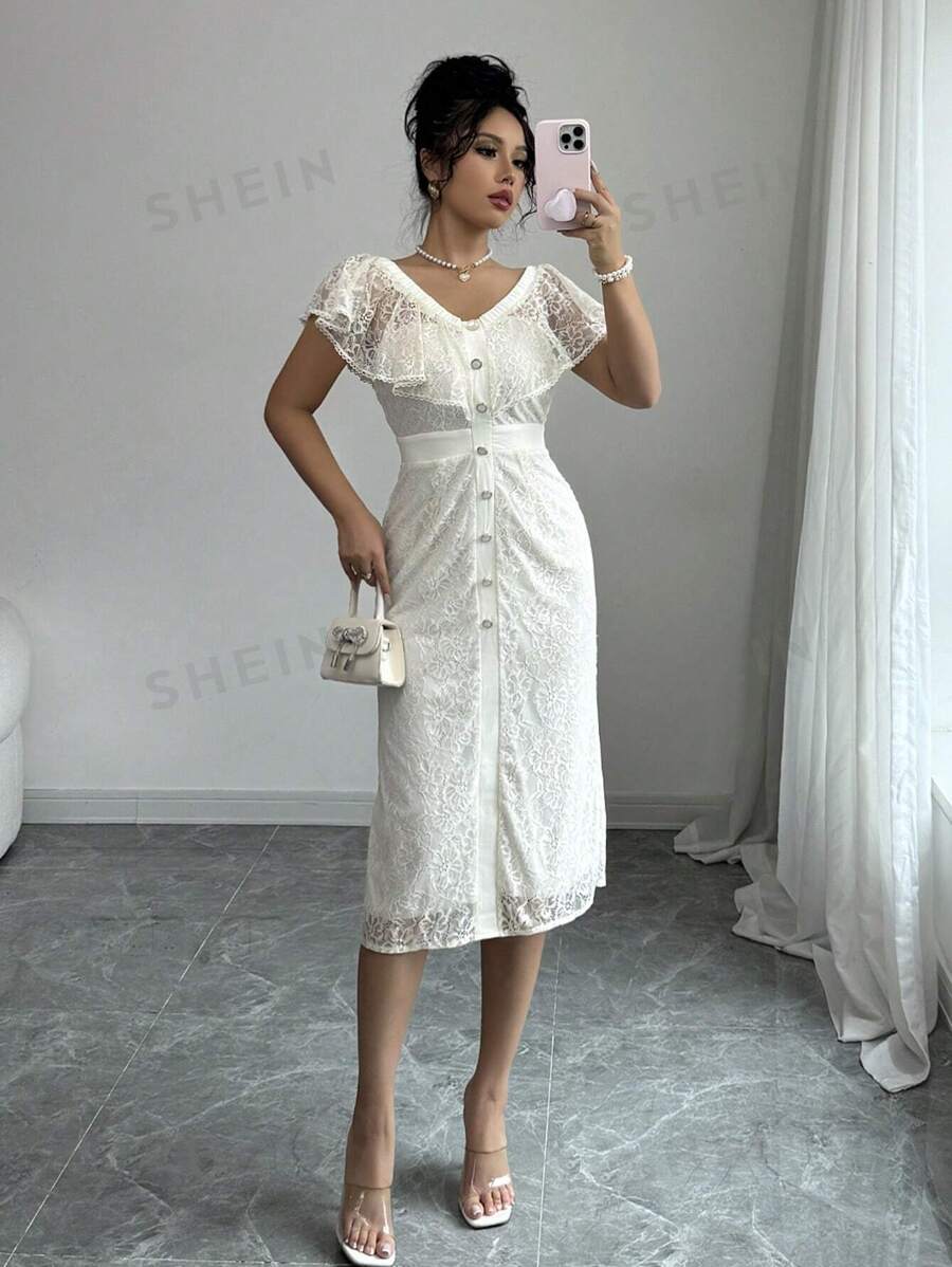 Chiquease Vestido ajustado con hombros descubiertos, volantes y encaje elegante para mujer