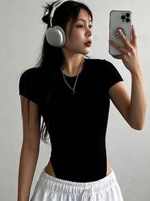 DAZY Women's Summer Solid Color Slim Fit Round Neck Short Sleeve Bodysuit For Wearing As Underwear Or Alone