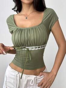 SHEIN EZwear Summer Casual Contrast Color Lace Trim Tie Neck Slim Fit T-Shirt