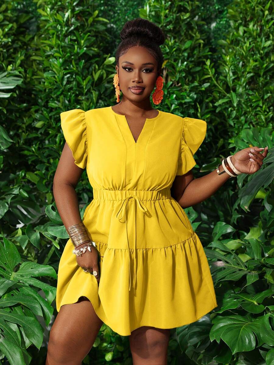 Slaydiva New Spring And Summer Casual Holiday Round Neck + V-Neck Ruffle Cap Sleeve Elastic Waist Bow Decor Layered Ruffled A-Line Mini Dress, Green Plus Size  Summer Outfits For Women Plus Size - Yellow - View 1