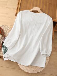 GlowEve 女士白色 V 领刺绣短袖衬衫 - 白色 - 查看 2