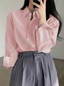 DAZY Women Solid Color Turn-Down Collar Long Sleeve Shirt With Front Buttons,Long Sleeve Tops