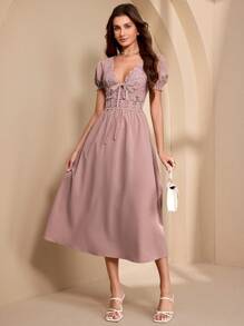 Chiquease Women's Elegant Fitted Contrast Lace Dress - Dusty Pink - View 4
