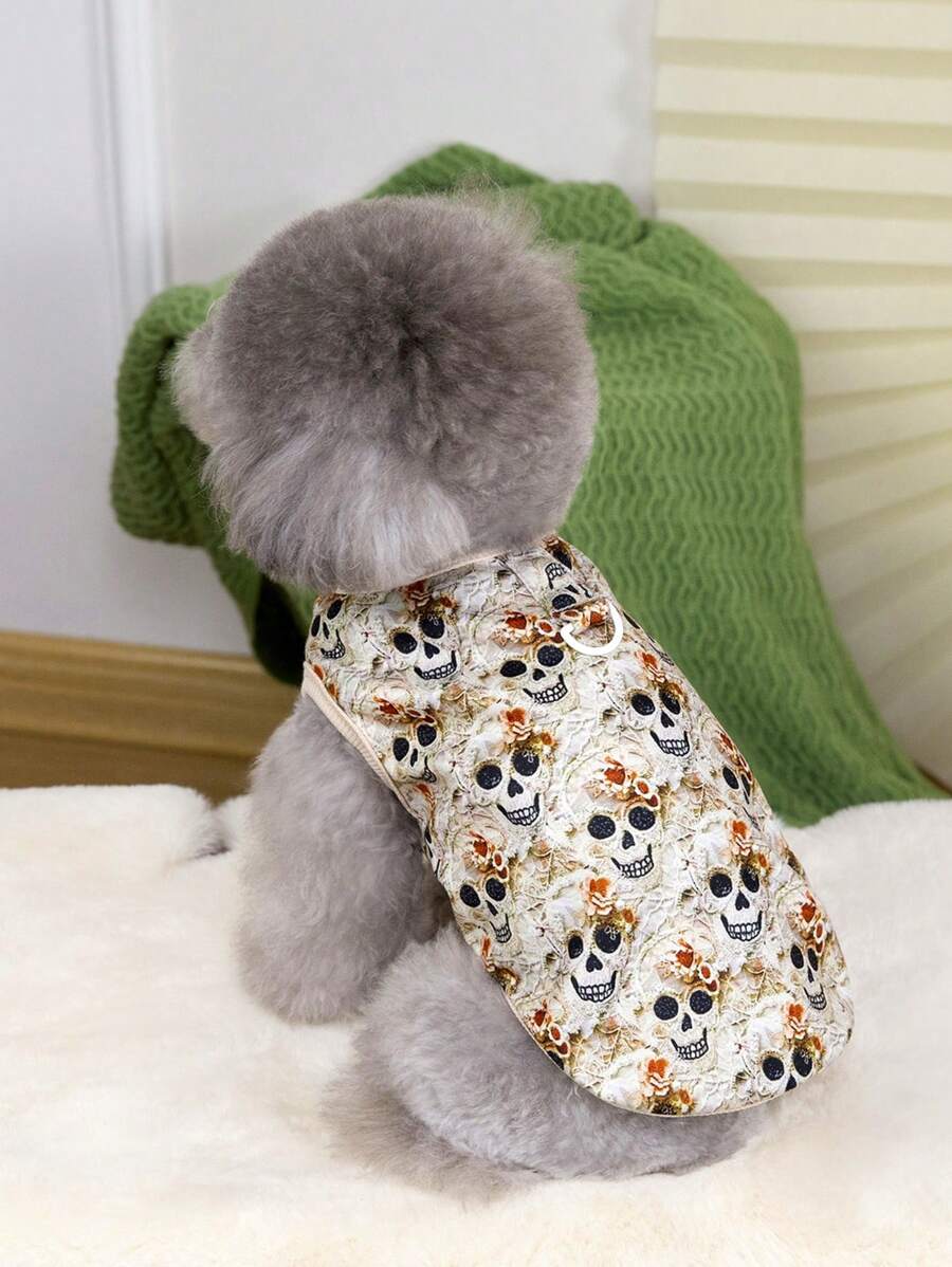 PETSIN 杏色骷髅和宠物印花宠物背心,时尚春夏小狗/小猫牵引带 - 杏色 - 查看 1
