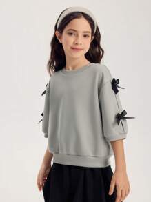 SHEIN Tween Girls 2 件套 - 灰色褶皱灯笼袖上衣配装饰蝴蝶结，黑色短款泡泡裙，适合上学、郊游、运动、春夏季 - 彩色 - 查看 3