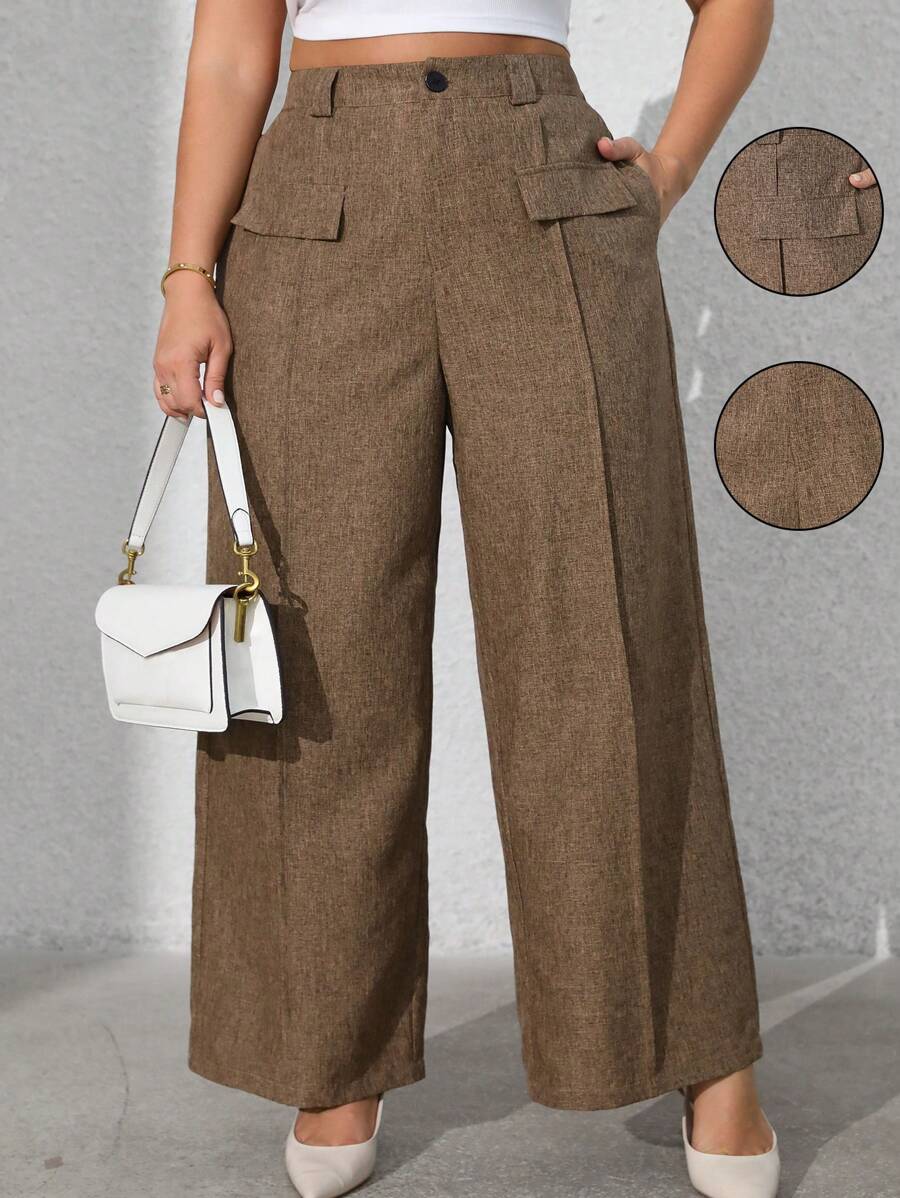Vionelle Pantalones de traje informales con bolsillo delantero para mujer de talla grande
