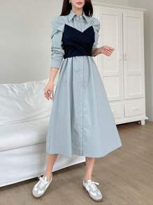 DAZY 女式撞色二合一纽扣前长袖迷你连衣裙衬衫裙，秋季服装