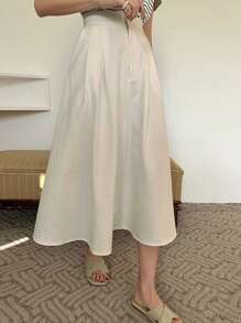 DAZY 纯色简约纽扣中长裙，休闲度假风 - 卡其色 - 查看 6