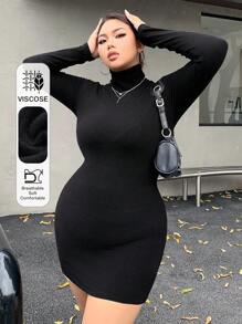 Dazy Petite Plus Black Solid Color Fitted Turtleneck Short Dress, Thermal Lining, Spring/Summer/Autumn - Black - View 1