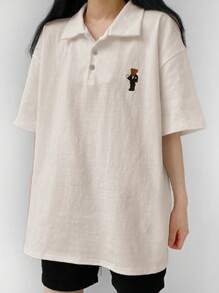 DAZY 女式宽松 Polo 领 T 恤，配熊图案，夏季