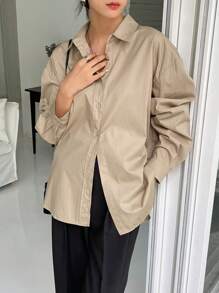 DAZY Drop Shoulder Button Up Oversized Shirt,Fall Clothes Long Sleeve Top - Khaki - View 3