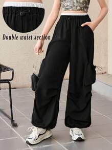 SHEIN Tween Girl Fashion Street Solid Woven Cargo Pocket Drawstring Decor Loose Wide Leg Black Pants, Suitable For Casual Outing, Back To School, Y2K, Mommy And Me Matching - Black - View 1