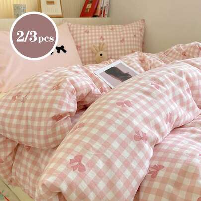 2/3 piezas Juego de ropa de cama con lazo rosa suave y estampado a cuadros, estilo dulce y lindo para estudiantes, adecuado para estudiantes, niños y niñas, decoración de dormitorio, incluye edredón y funda(s) de almohada, primavera/verano, disponible en tamaños individual, doble y queen