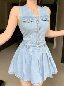 DAZY Casual Fitted Denim Crop Vest & Pleated Denim Skirt, 2 Pieces Set For Women Summer