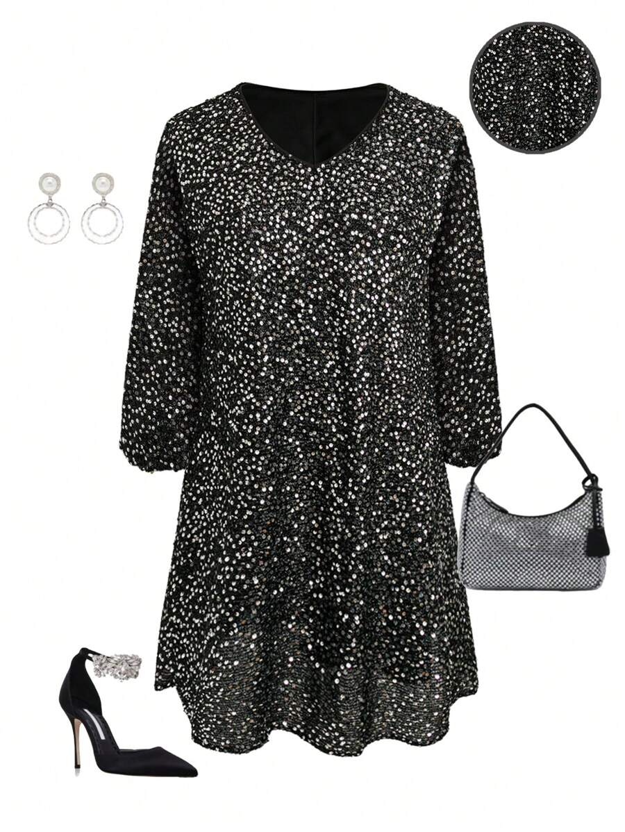 SHEIN CURVE+ 加大码凉爽连衣裙、减压装、优雅时尚女士长礼服 - 黑色 - 查看 1