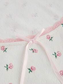 ROMWE Kawaii 夏季休闲碎花弹力修身系带蝴蝶结宽松 T 恤，适合女士度假和海滩 - 白色 - 查看 8