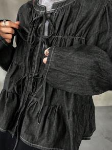 FRIFUL Blouse en jean à lacets décontractée pour femmes, manches longues à volants, printemps automne