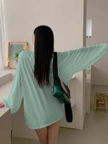 DAZY 女士春夏季休閒V領寬鬆長袖T恤，有字母印花 - 綠色 - 查看 5