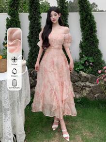 DAZY Ladies Floral Printed Off Shoulder Chiffon Dress Summer Sundress - Pink - View 1