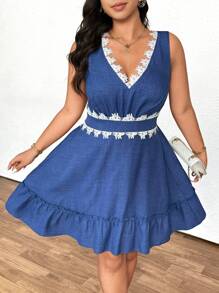 Celure Plus Size V-Neck Lace Sleeveless A-Line Dress