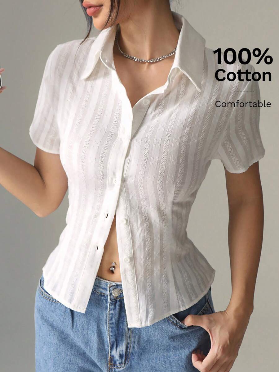 SHEIN EZwear 純色紋理細節短袖修身襯衫,收口腰身設計