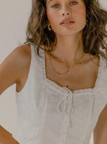 Aralina 可爱孔眼刺绣波西米亚风纽扣前蝴蝶结夏季荷叶边饰边上衣 - 白色 - 查看 5