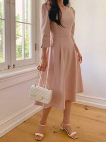 DAZY 女士圆领收腰半袖中长连衣裙，返校季服装 - 粉色 - 查看 4