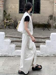 DAZY 女士纯色单排扣背心和侧开衩下摆短裙休闲两件套夏季 - 白色 - 查看 5