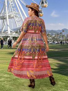 SHEIN VCAY Vestido casual de vacaciones con estampado vintage de talla grande