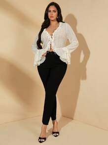 SHEIN BAE Plus Size Women's Spring & Summer Peach Sexy Minimalist Tie-Up Long Sleeve Ruffle Trim Sweet Lace Blouse, Suitable For Valentine's Day, Party, Romantic Date,Concert Women,Summer,Concert Women,Country Concert,Elegant,Vacation Woman,Vacation;Casual,Business Casual Woman,Western Wear Women,Cute,Office For Women,Wedding Guest Women,Club Women Sexy,Graduation,Brunch For Women,Spring,Easter Basket,Holiday,Lace Shirt,Mesh Top,Graduation