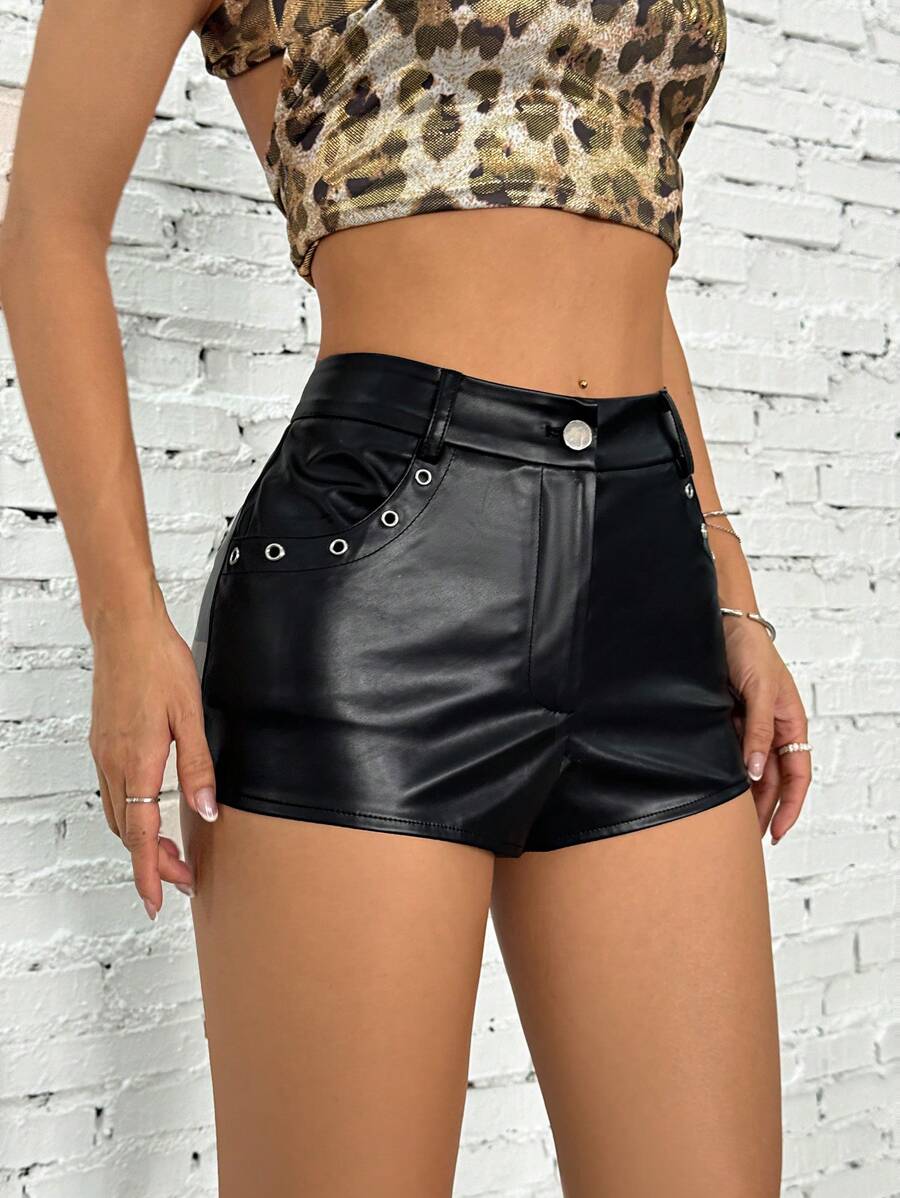 SHEIN EZwear Women's Fashionable Versatile Solid Color Mini Shorts - Black - View 1