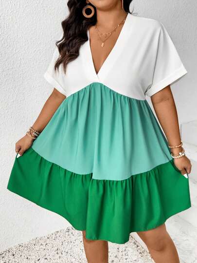 SHEIN Frenchy Plus Size V-Neck Colorblock Flared Hem Dress, Comfortable Resort Wear, Casual Office Lady & Daily Outings Essential, Afternoon Tea & Date Dress, Green Dress, 2025 Spring/Summer New Arrival