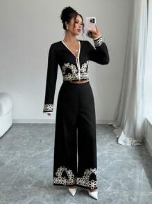 Siren Gaze 2pcs Women Solid Color Patchwork Floral Prints Long Sleeve Top And Pants Set,Colour-Blocked Edges Women Clothing Sets,Commute Daily Wear,Suitable For Spring And Autumn