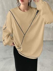 FRIFUL Women's Round Neck Loose Fit Contrast Top Stitching Body-Con Zipper Hollow Out T-Shirt, Fall Clothes Preppy Tops - Apricot - View 3