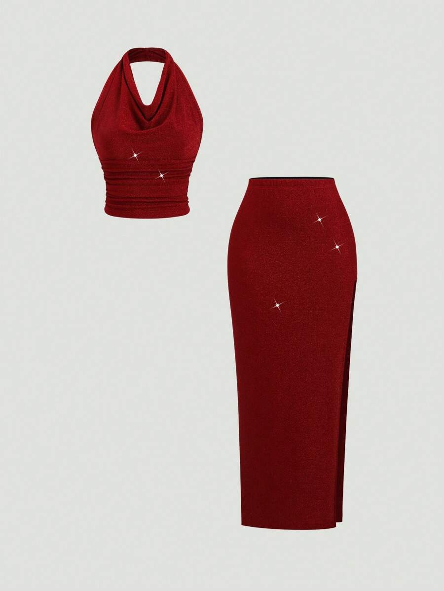 Sweetra 勃艮第金线和银色丝滑柔软面料 V 领褶皱露背背心和高开叉百褶裙 2 件套，时尚简约优雅，适合约会、聚会、派对、女士、春夏