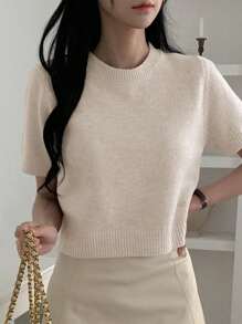 DAZY Solid Color Round Neck Short Sleeve Fitted Cropped Casual Knit Top For Women, Summer - Beige - View 4