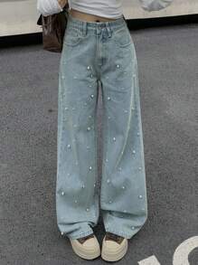 FRIFUL Jeans de pierna ancha casual y desgastados decorados con perlas para mujeres
