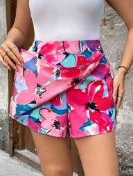 EMERY ROSE Shorts elegantes, casuales y apropiados para ir al trabajo o de vacaciones, con diseño floral, cintura elástica y cubierta, multicolor y de talla grande, adecuados para primavera, verano y otoño