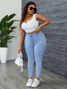 Slaydiva Plus Size Washed High Waist Slim-Fit Jeans - Baby Blue - View 4