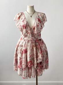 Sweetra Romantic Floral Print V-Neck Cap Sleeve Ruffle Hem Cinched Waist Midi Dress Vacation - Multicolor - View 4