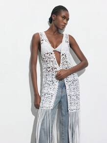 Maija Women's Summer Beach Vacation Hollow Out Tassel Hem Sleeveless Knitted Cardigan