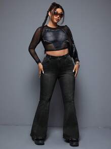 SHEIN ICON Plus Size Front Button Multiple Pockets Casual Denim Jeans - Black - View 4