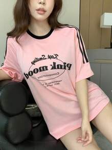 DAZY Women Summer Slogan Striped Printed Round Neck Raglan Sleeve Short Sleeve Casual T-Shirt,Graphic Tees
