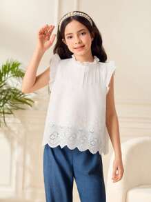 Set de 2 piezas de blusa con bordado y pantalones con dobladillo de volantes de unicolor para niñas preadolescentes