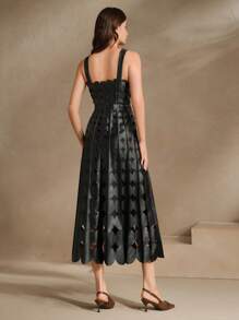 Anewsta 女士棕色卡其色 PU 激光烧花新款派对新年法式优雅春季连衣裙 - 黑色 - 查看 2