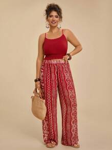 Travachic Set da spiaggia, composto da: top corto in stile vintage con stampa floreale geometrica e pantaloni larghi con tasche, per donne taglie forti, adatto per vacanza e uso casual