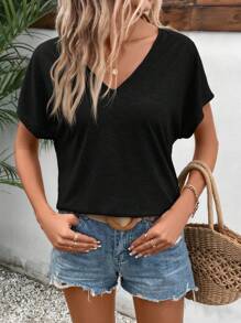 SHEIN Frenchy Camiseta de manga de murciélago de unicolor simple y versátil