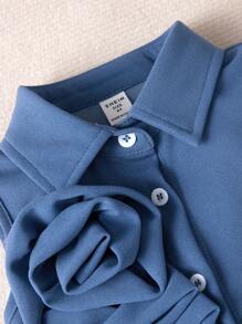 Souflis Souflis 2pcs Young Girl Elegant Solid Color Floral Decor Top And Pants Set - Blue - View 5