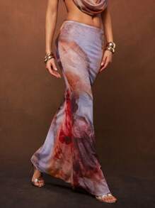 Hauture Summer Women, Women, Blue And Red Mesh Tie Dye Color Mermaid Maxi Skirt For Women, For Date Night, Concerts, Parties, Clubs, Music Festivals, Vacation