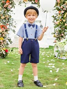SHEIN 男小童領結條紋襯衫和背帶短褲